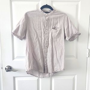 Mens Linen Gray Button Up Mock Neck Medium